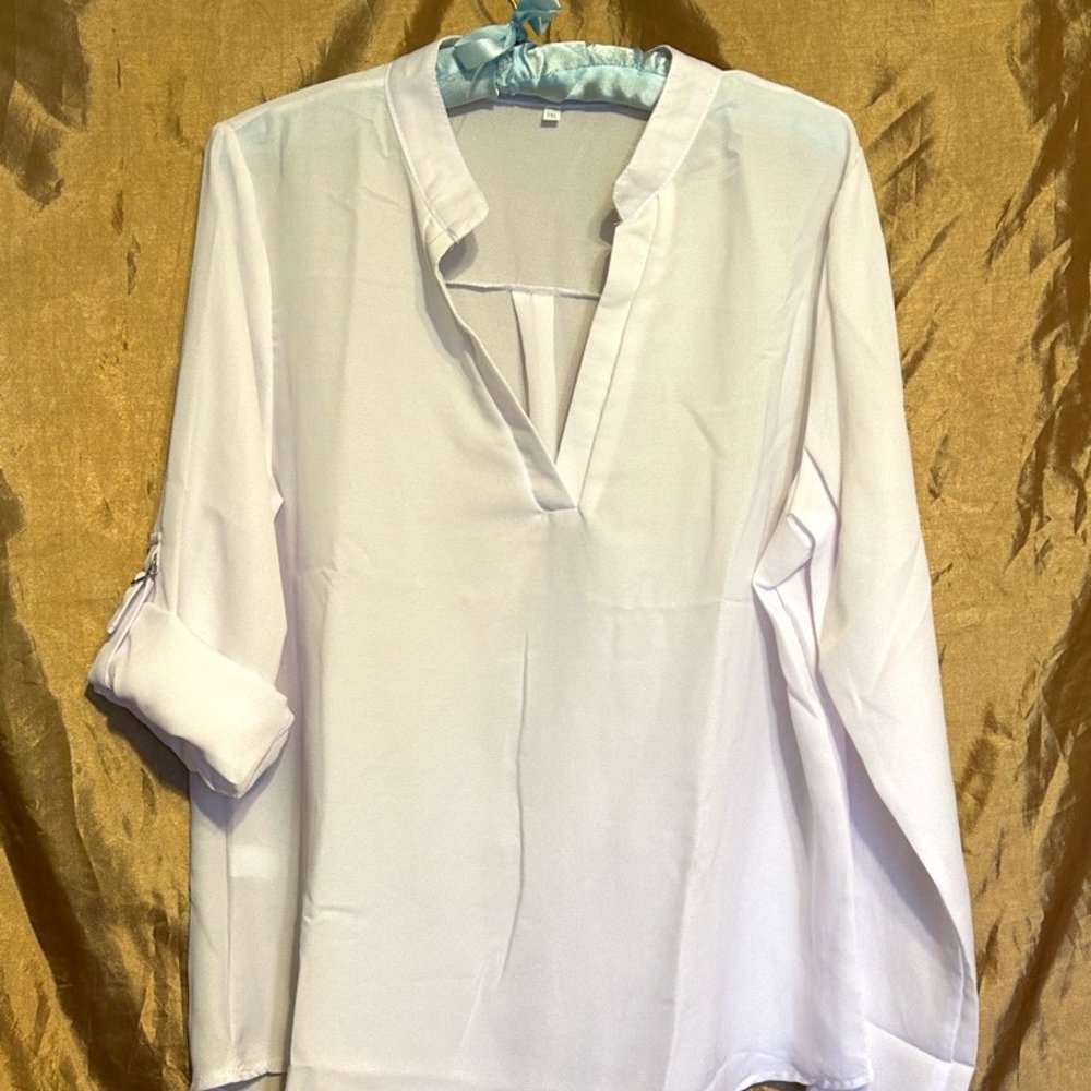NEW! Long Adjustable Sleeve White Polyester Casual V-Neck Shirt ~ Sz.2XL(14)
